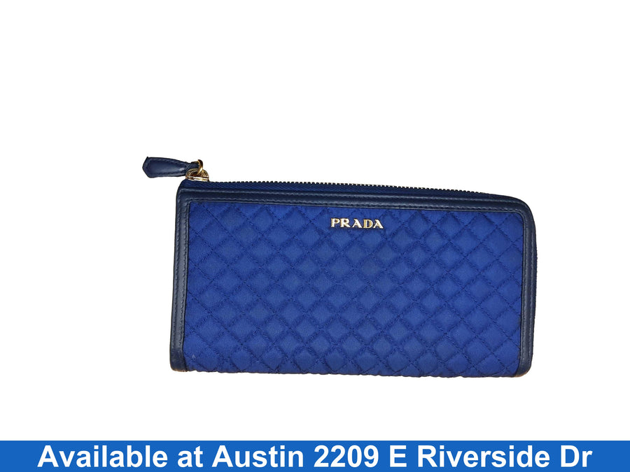 Prada Tessuto Quilted Nylon Long-zip Around Blue Wallet