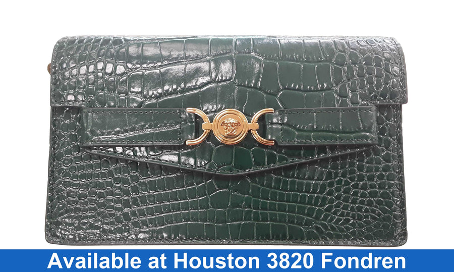 Versace Croc Embossed Leather Green Purse / Handbag