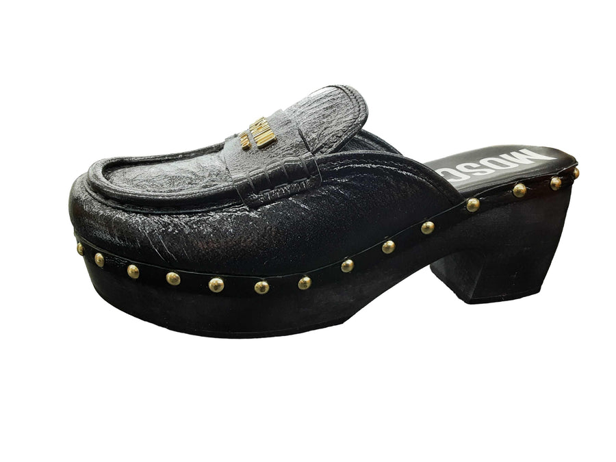 Moshino Patent Leather Logo Clogs Black