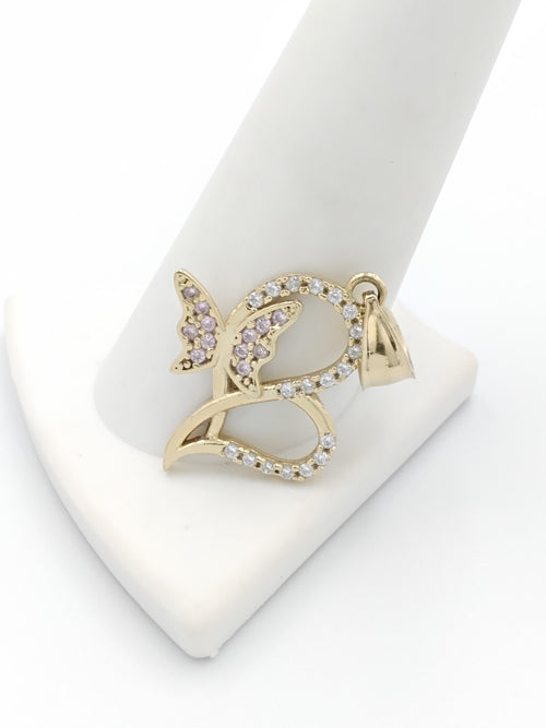 Yellow 10k Gold Butterfly Pendant Pink And White Stones (.417) 2.1 Grams