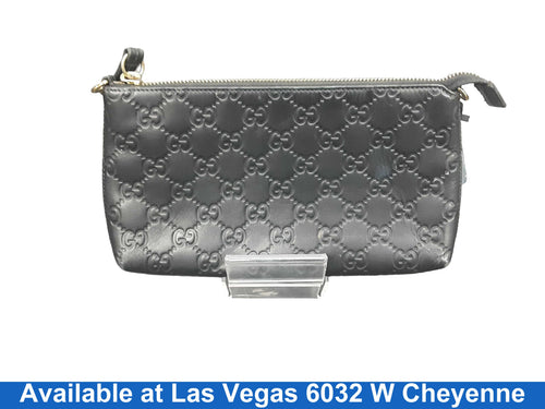Gucci Embossed Gg Leather Wristlet W Gold Chain Black Purse / Handbag