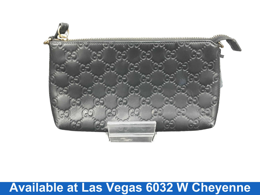 Gucci Embossed Gg Leather Wristlet W Gold Chain Black Purse / Handbag