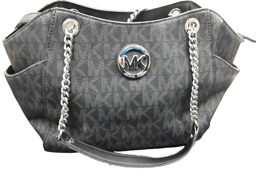 Michael Kors Black Monogram Silver Hardware Chain Straps Black Purse / Handbag