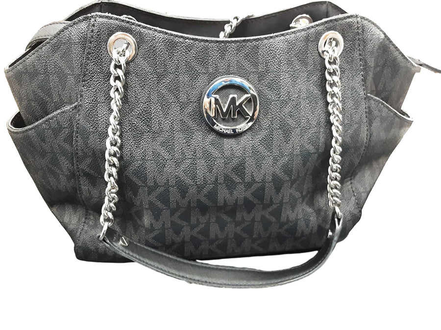 Michael Kors Black Monogram Silver Hardware Chain Straps Black Purse / Handbag