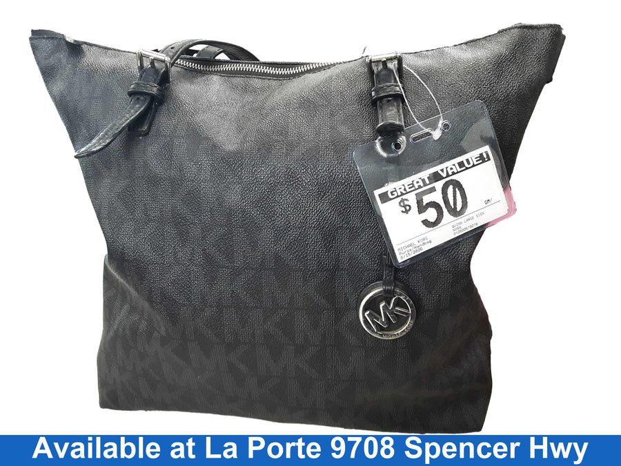 Michael Kors Quinn Large Signature Logo And Leather Tote Bag Black Purse / Handbag