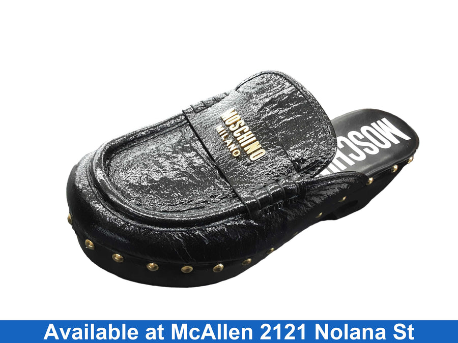 Moshino Patent Leather Logo Clogs Black