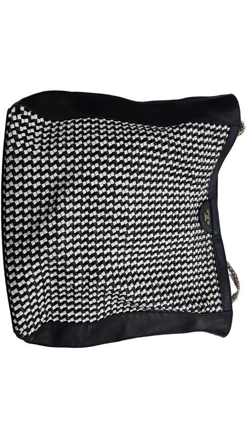 Tory Burch Black And White Woven Leather Tote Black Purse / Handbag