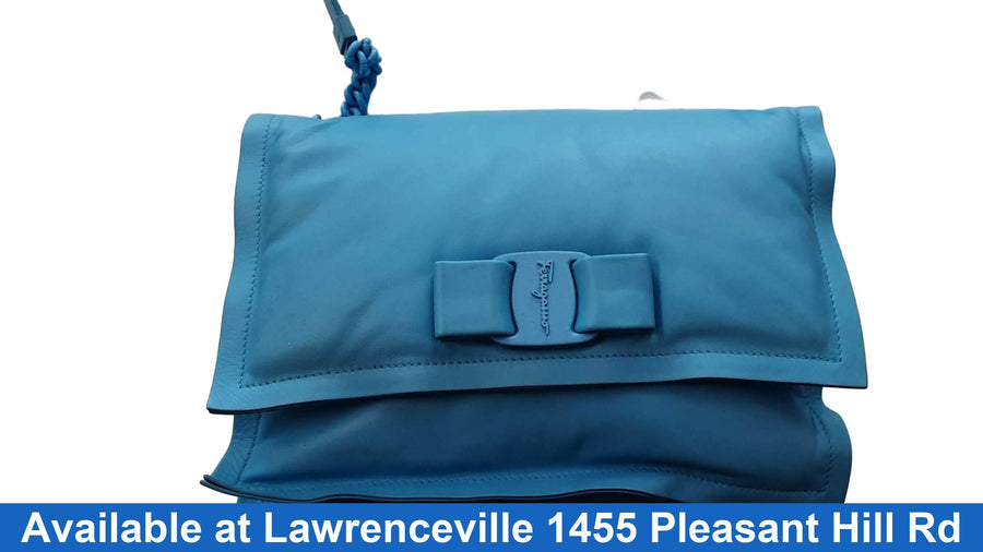 Salvatore Ferragamo Viva Bow Puffy Shoulder Blue Purse / Handbag