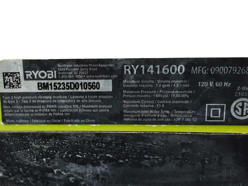 Ryobi Ry141600 Green Corded Pressure Washer