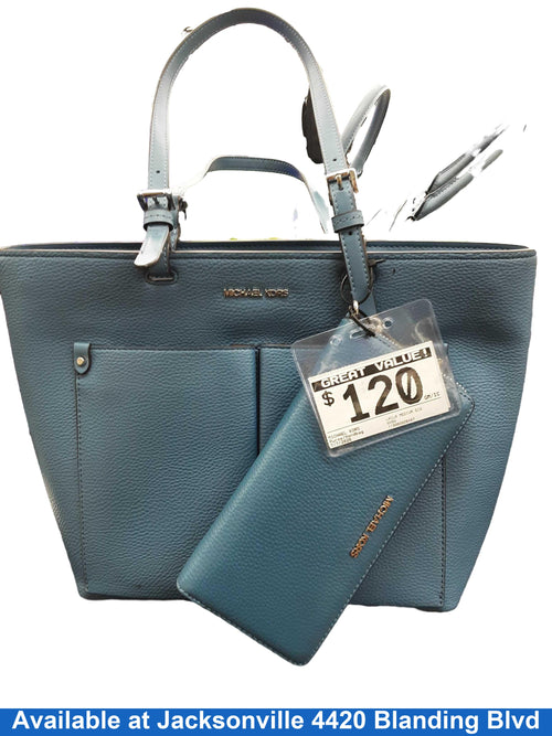 Michael Kors Laila Medium Signature Logo Tote Bag Blue Purse / Handbag