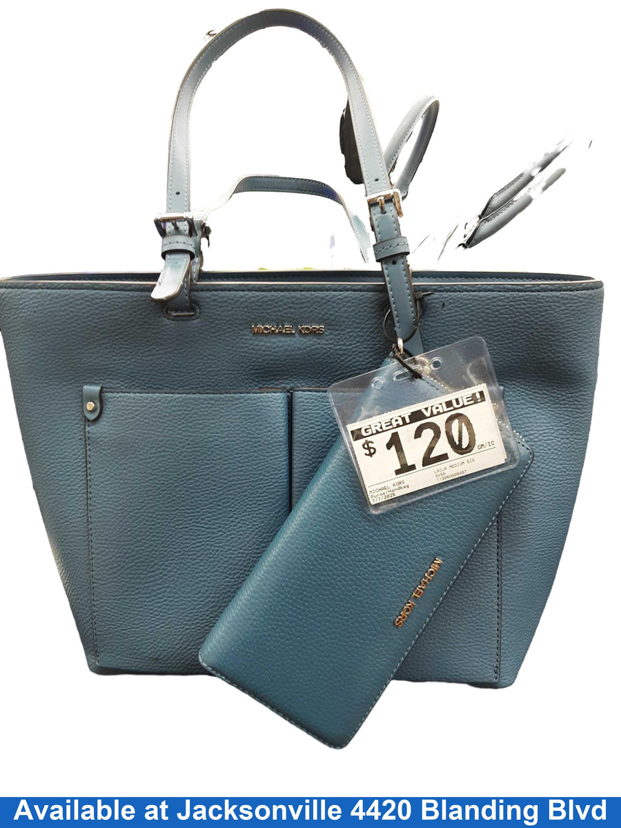 Michael Kors Laila Medium Signature Logo Tote Bag Blue Purse / Handbag