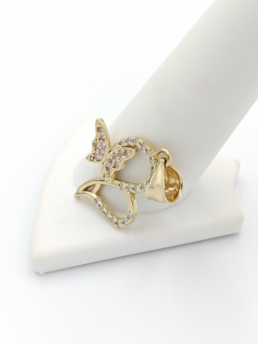 Yellow 10k Gold Butterfly Pendant Pink And White Stones (.417) 2.1 Grams