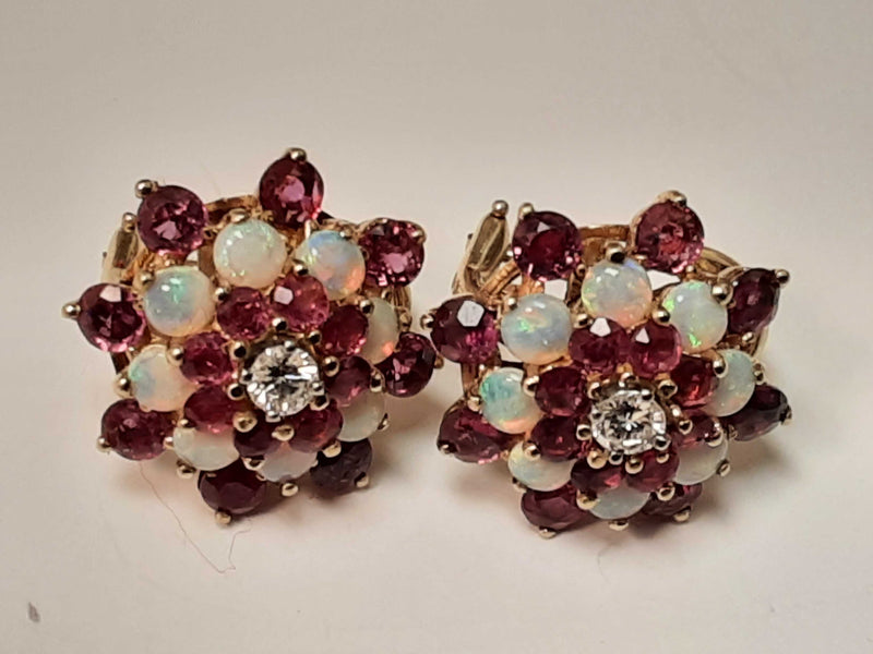 Ruby Cluster Earrings With Diamond And Opal 14k