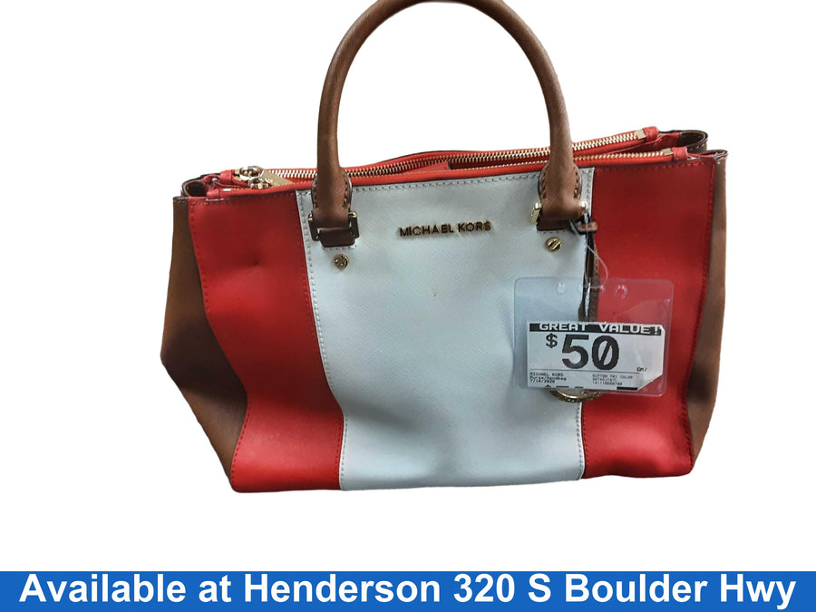 Michael Kors Sutton Tri Color Block Satchel Brown Purse / Handbag