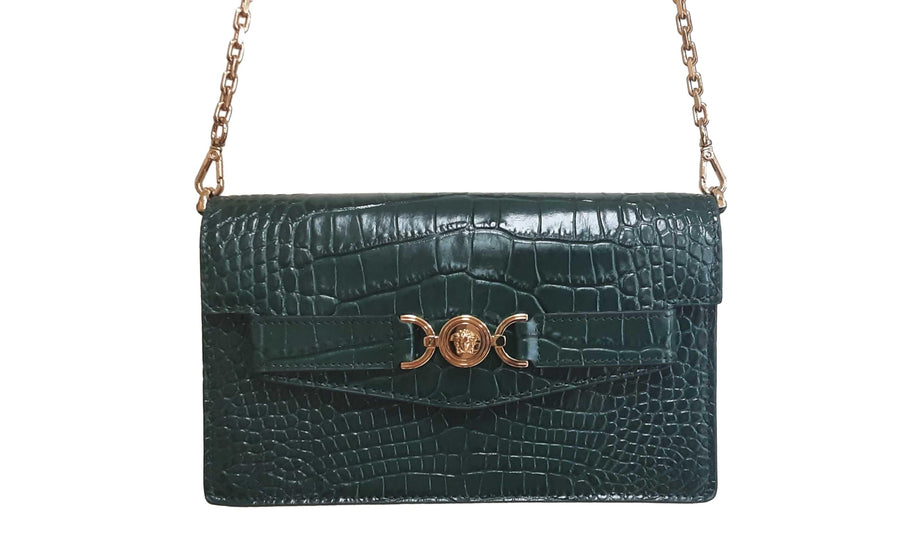 Versace Croc Embossed Leather Green Purse / Handbag